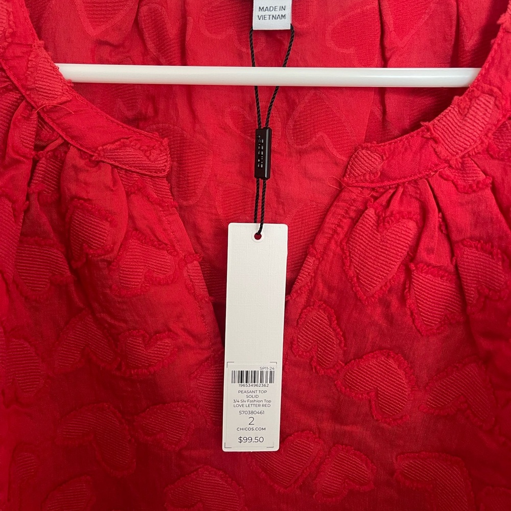 Chico's Vibrant Red Heart Textured Blouse - Perfect for Valentine’s Day! - Picture 2 of 3